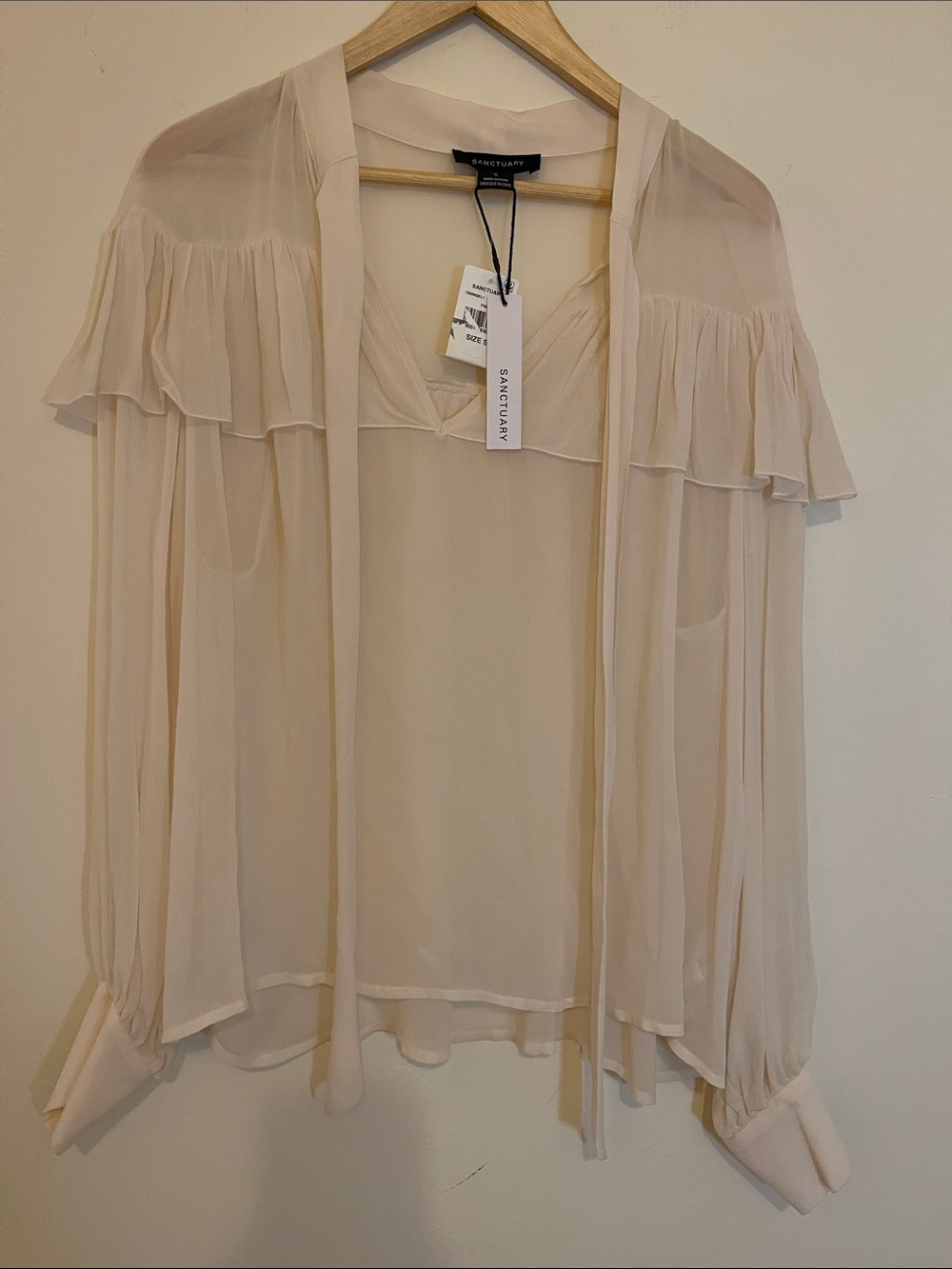 Sanctuary Cream Ruffle Tie-Neck Blouse Sheer Size S